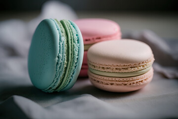 Pastel colored French macarons close up, dessert