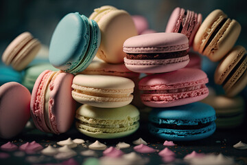 Pastel colored French macarons close up, dessert