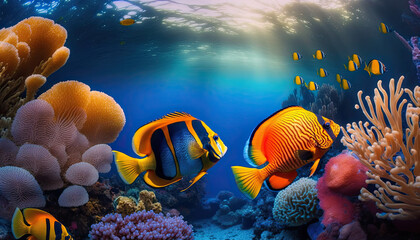 Digital illustration of colorful fish and coral reef in tropical water, background, wallpaper