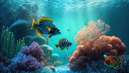 Digital illustration of colorful fish and coral reef in tropical water, background, wallpaper