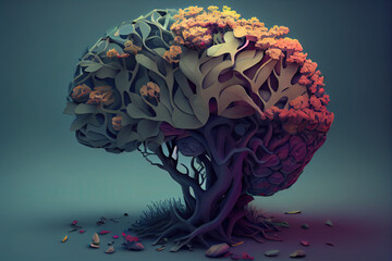 Illustration of a brain combined with nature, Healthy mind, 3D digital art brain, nature, mental health, beautiful mind, nature, plants, concept art, ai generated art