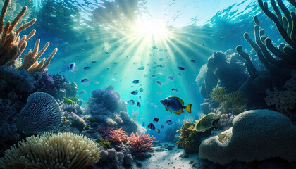 Fototapeta na wymiar Digital illustration of colorful fish and coral reef in tropical water, background, wallpaper