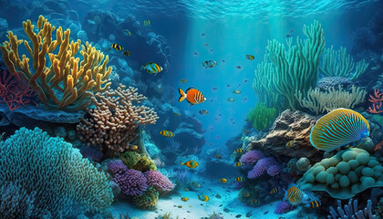 Digital illustration of colorful fish and coral reef in tropical water, background, wallpaper