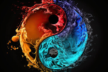 Yin yang symbol in colorful liquid paint splashed on black background