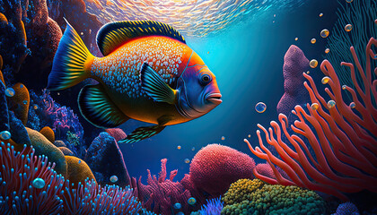 Digital illustration of colorful fish and coral reef in tropical water, background, wallpaper