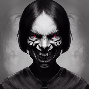 a female vampire or zombie looking at camera. Black background.