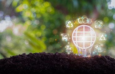 Icon symbol and CO2 lamp on natural land Sustainability, ecology and renewable energy, global...