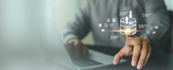 Database management cloud computing or data center cyber security file document transfer or business administrator analysis to growth and service information technology system concepts.
