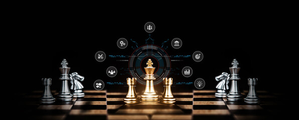 King chess pieces stand win with teamwork concept of team player or business team and leadership strategy or strategic planning and human resources organization risk management.