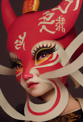 Traditional Japanese mask of a demon, Kabuki Mask isolated on white background with clipping path