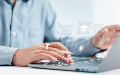 Person who attends online lessons on a digital screen. Education on internet, e-learning concept....