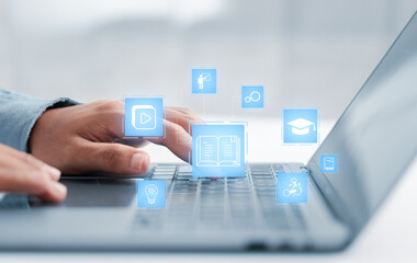 Person who attends online lessons on a digital screen. Education on internet, e-learning concept....