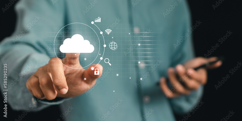 Poster storage network cloud service concept. cloud data transfer and online storage for business networks.