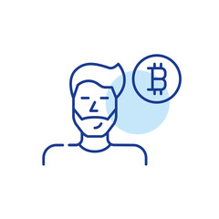 Virtual currency user. Smiling young man with bitcoin symbol. Pixel perfect, editable stroke line icon