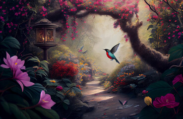 Fototapeta premium Beautiful nature scene with birds chirping around the forest trees, colorful flowers and plants in the natural environment where the beauty of the jungle comes to life AI Generated