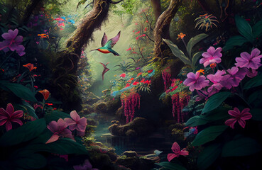 Beautiful nature scene with birds chirping around the forest trees, colorful flowers and plants in the natural environment where the beauty of the jungle comes to life AI Generated