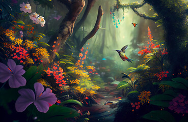 Beautiful nature scene with birds chirping around the forest trees, colorful flowers and plants in the natural environment where the beauty of the jungle comes to life AI Generated