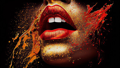 Deep Red Color Lips Splashes Red and Gold Color Glossy Colored Lips Generative AI