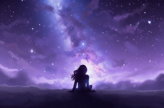 Stargazing Dreamer: A Generative AI Illustration of a Galaxy Girl Lost in a Soft Purple and Black Gradient Universe with Gentle Stars.
