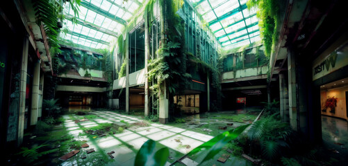 A Deserted Shopping Plaza, an Overgrown Center With Wall Art Covering Every Surface Generative AI Art Illustration