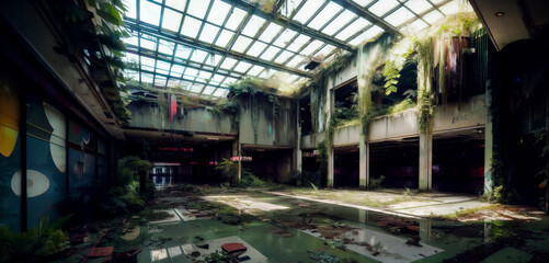 Fototapeta premium Desolate Shopping Mall, Transformed Into an Urban Jungle, With Plant Life and Graffiti Murals Generative AI Art Illustration