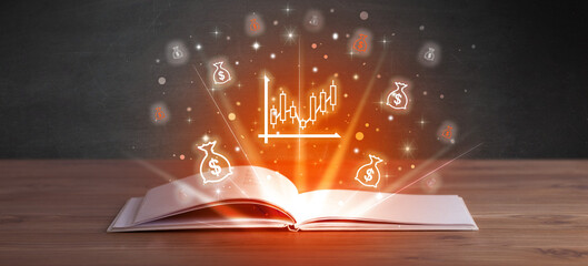 Open book with currency icons above