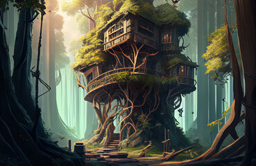 Amidst a verdant forest, a cozy treehouse nestles in an ancient tree, the sunlight is blending harmoniously with nature landscape  AI Generated
