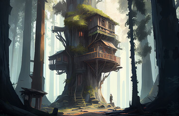 Amidst a verdant forest, a cozy treehouse nestles in an ancient tree, the sunlight is blending harmoniously with nature landscape  AI Generated