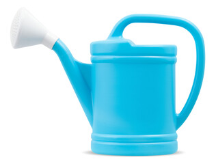 Colorful blue Plastic Watering Can, isolated on white background, spring time concept for home garden or vegetable garden and plants care