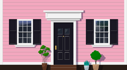 colonial house facade  front entrance door windows with shutters  potted plants exterior design vector illustration