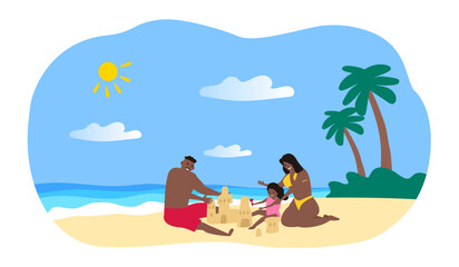 Obraz na płótnie Canvas happy african american family build sand castle on the beach vector illustration