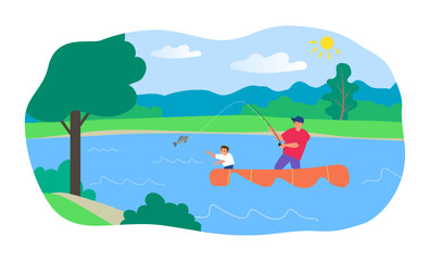 father fisherman and son fishing catching a  fish on a boat on the lake vector illustration