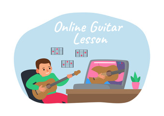 little boy playing guitar  online lesson laptop vector illustration