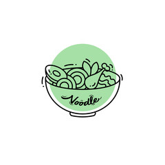 Line art illustration of noodles with various toppings