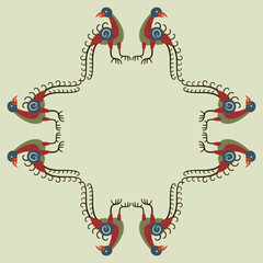 Geometrical animal frame with stylized birds. Folk style. On light green background.