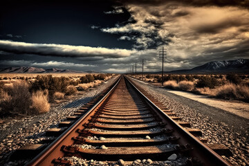 Fototapeta premium old rails and a dramatic sky with an epic sunset. Generative AI
