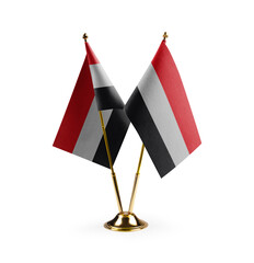 Small national flags of the Yemen on a white background