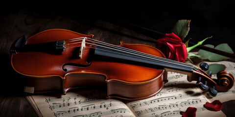 Fototapeta premium violin and red rose on note paper Generative AI