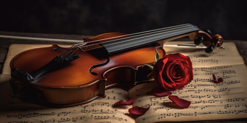 Naklejka premium violin and red rose on note paper Generative AI