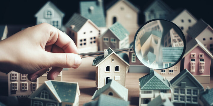Collage with a magnifying glass and paper houses on hand. Real estate search concept Generative AI
