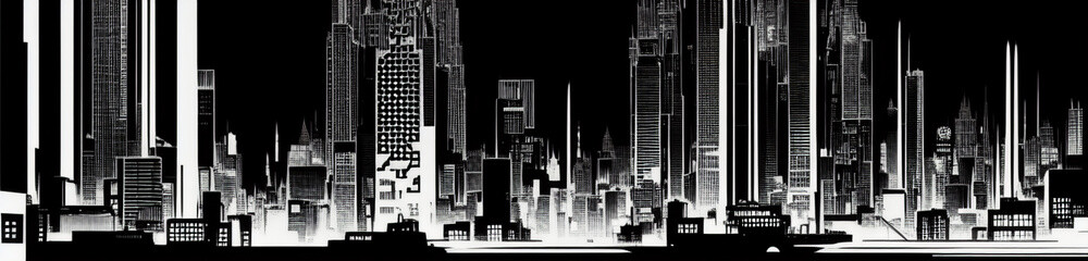 Illustration of a monochrome cityscape with skyscrapers created with Generative AI technology