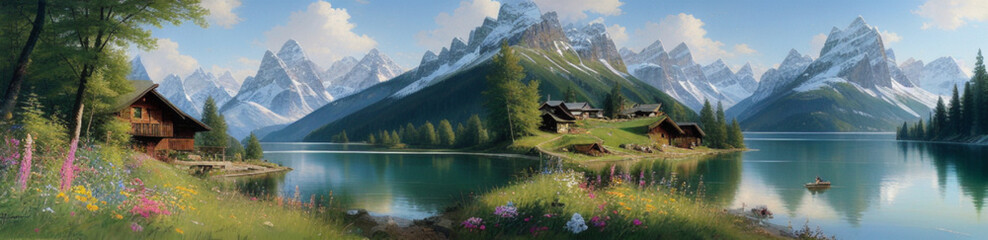 Fototapeta na wymiar Illustration of a serene mountain landscape with a clear lake in the foreground created with Generative AI technology