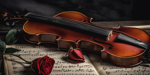 Fototapeta premium violin and red rose on note paper Generative AI