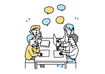 チームで意見を出し合い打ち合わせをしている人々のイメージイラスト