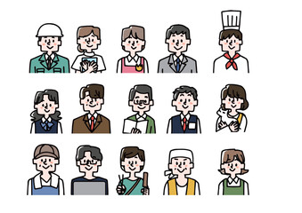 シンプルな線画で描かれた、様々な職業の男性女性の人物アイコンセット