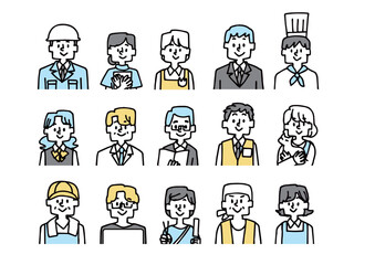 シンプルな線画で描かれた、様々な職業の男性女性の人物アイコンセット