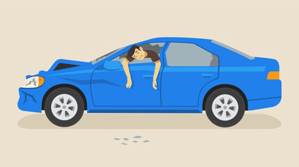 Isolated crashed car. Road accident death. Male driver killed after colliding. Flat vector illustration template.