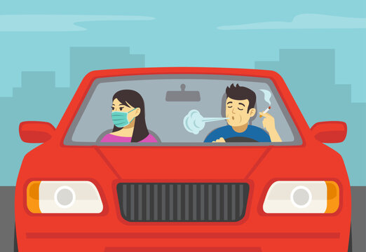 Close-up of male driver smoking cigarette and female passenger weared mask. Front view. Flat vector illustration template.