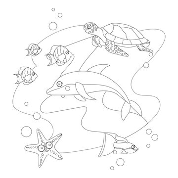 Coloring pages. Marine wild animals. Dolphin swims with turtle, starfish and some kinds of fish underwater.