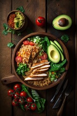 Fototapeta na wymiar Healthy salad bowl with quinoa, tomatoes, chicken, avocado, lime and mixed greens, lettuce, parsley on wooden background top view. Food and health. Generative Ai.